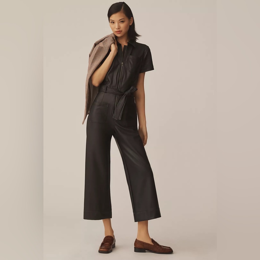 Maeve Anthropologie Faux Leather Short Sleeve Zip‎ Front Belted Jumpsuit Black 4
